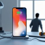 A smartphone connected to a charger but not showing charging, with a software update icon visible on the screen and a person looking at it in frustration.