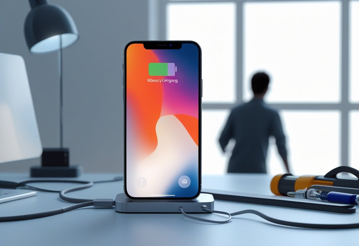 A smartphone connected to a charger but not showing charging, with a software update icon visible on the screen and a person looking at it in frustration.