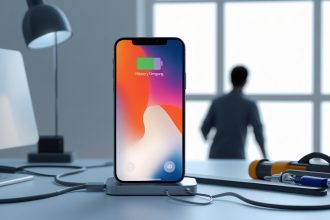 A smartphone connected to a charger but not showing charging, with a software update icon visible on the screen and a person looking at it in frustration.