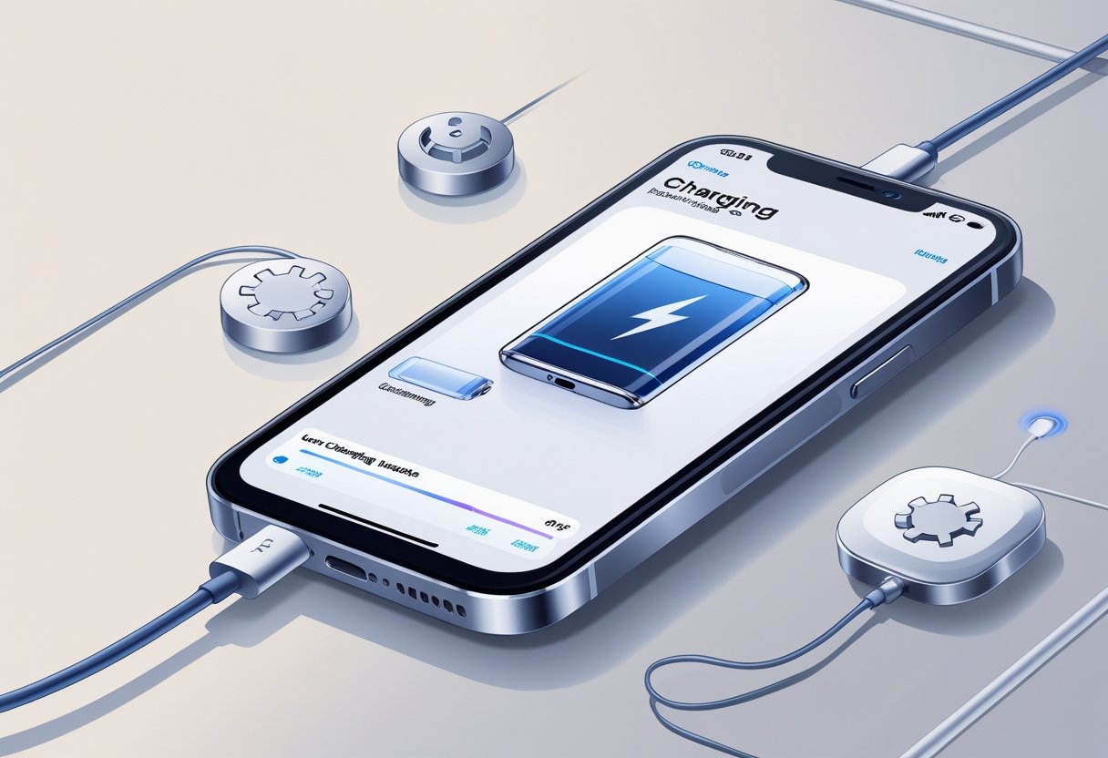 Close-up of an iPhone screen showing battery and charging settings with a low battery icon and a charging cable connected but not charging.