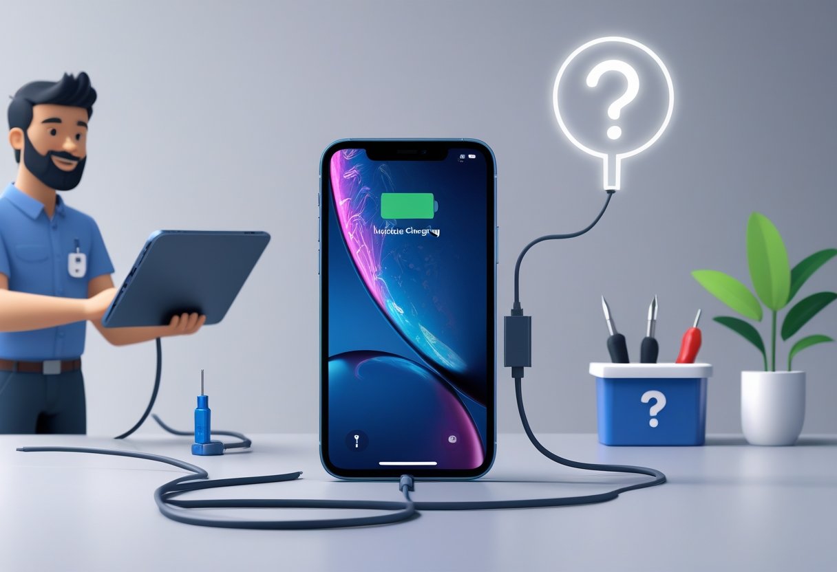 An iPhone connected to a charger but not charging, with a technician nearby ready to help in a clean workspace.