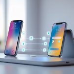 Two smartphones side by side with a glowing connection line between them, showing data being transferred from an old phone to a new iPhone.