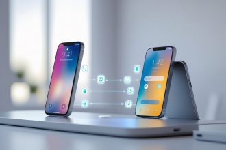 Two smartphones side by side with a glowing connection line between them, showing data being transferred from an old phone to a new iPhone.