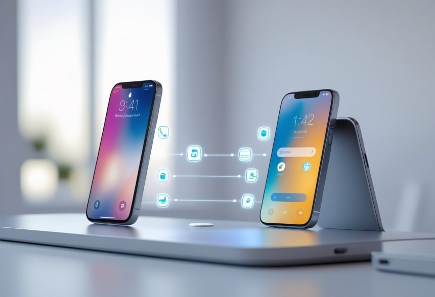 Two smartphones side by side with a glowing connection line between them, showing data being transferred from an old phone to a new iPhone.