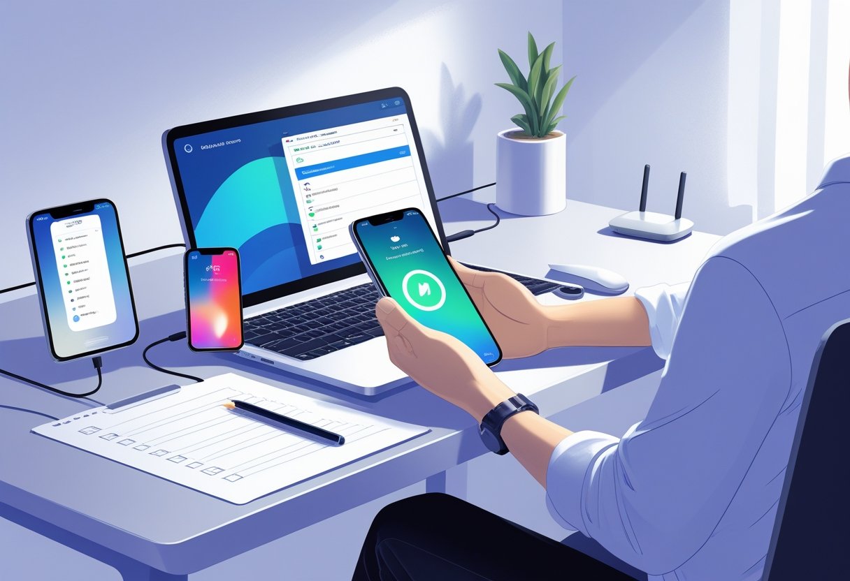 A person preparing to transfer data from an old iPhone to a new iPhone at a desk with a laptop and a wireless router nearby.