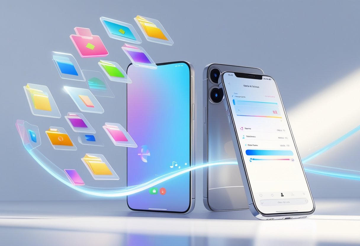 Two smartphones side by side with colorful file icons moving from one phone to the other, illustrating data transfer between devices.