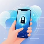 A hand holding a modern smartphone with an unlocked padlock icon above the screen, surrounded by digital elements symbolizing connectivity.