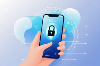 A hand holding a modern smartphone with an unlocked padlock icon above the screen, surrounded by digital elements symbolizing connectivity.