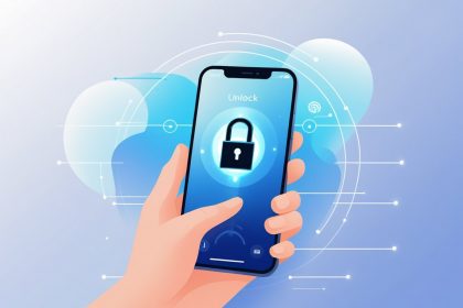 A hand holding a modern smartphone with an unlocked padlock icon above the screen, surrounded by digital elements symbolizing connectivity.