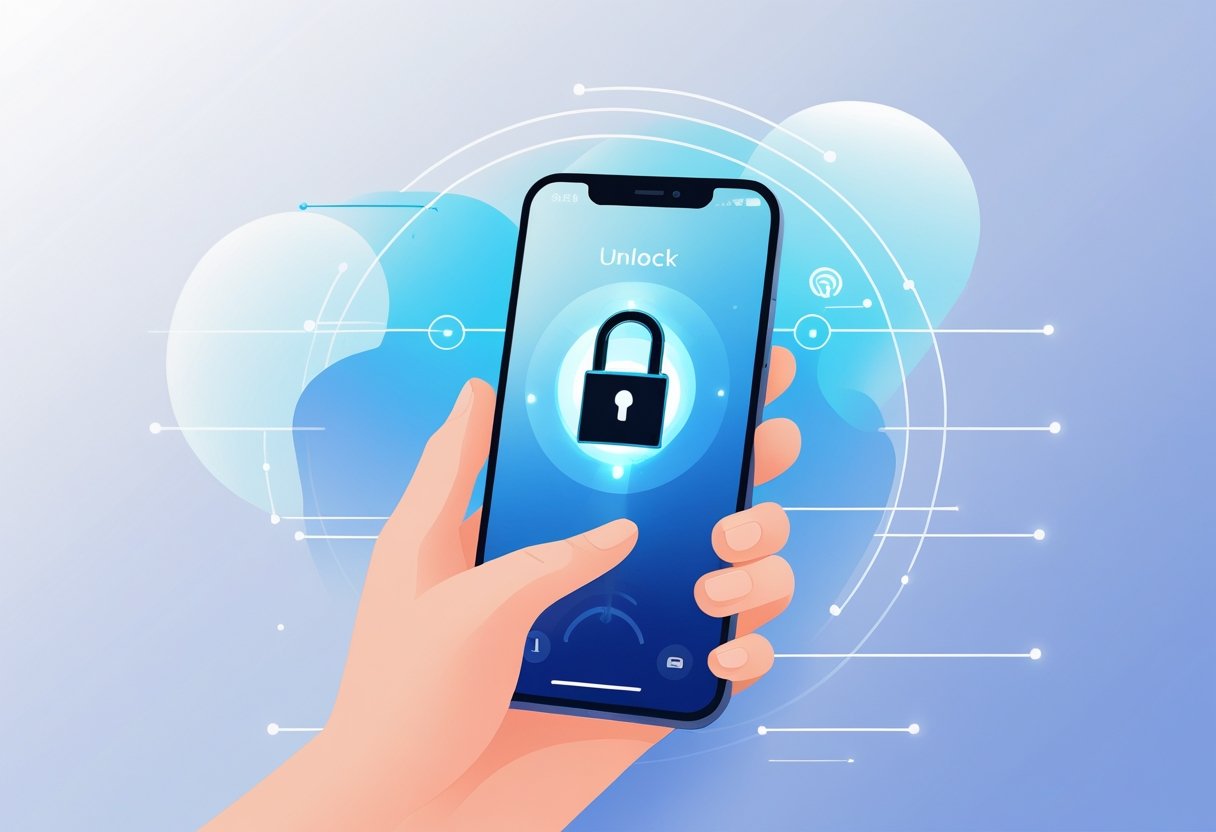 A hand holding a modern smartphone with an unlocked padlock icon above the screen, surrounded by digital elements symbolizing connectivity.
