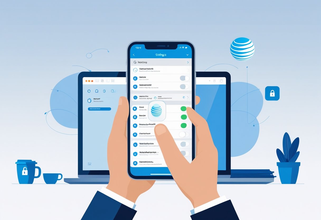 A person holding a smartphone showing a settings menu with a lock icon, sitting at a desk with a laptop and coffee cup.