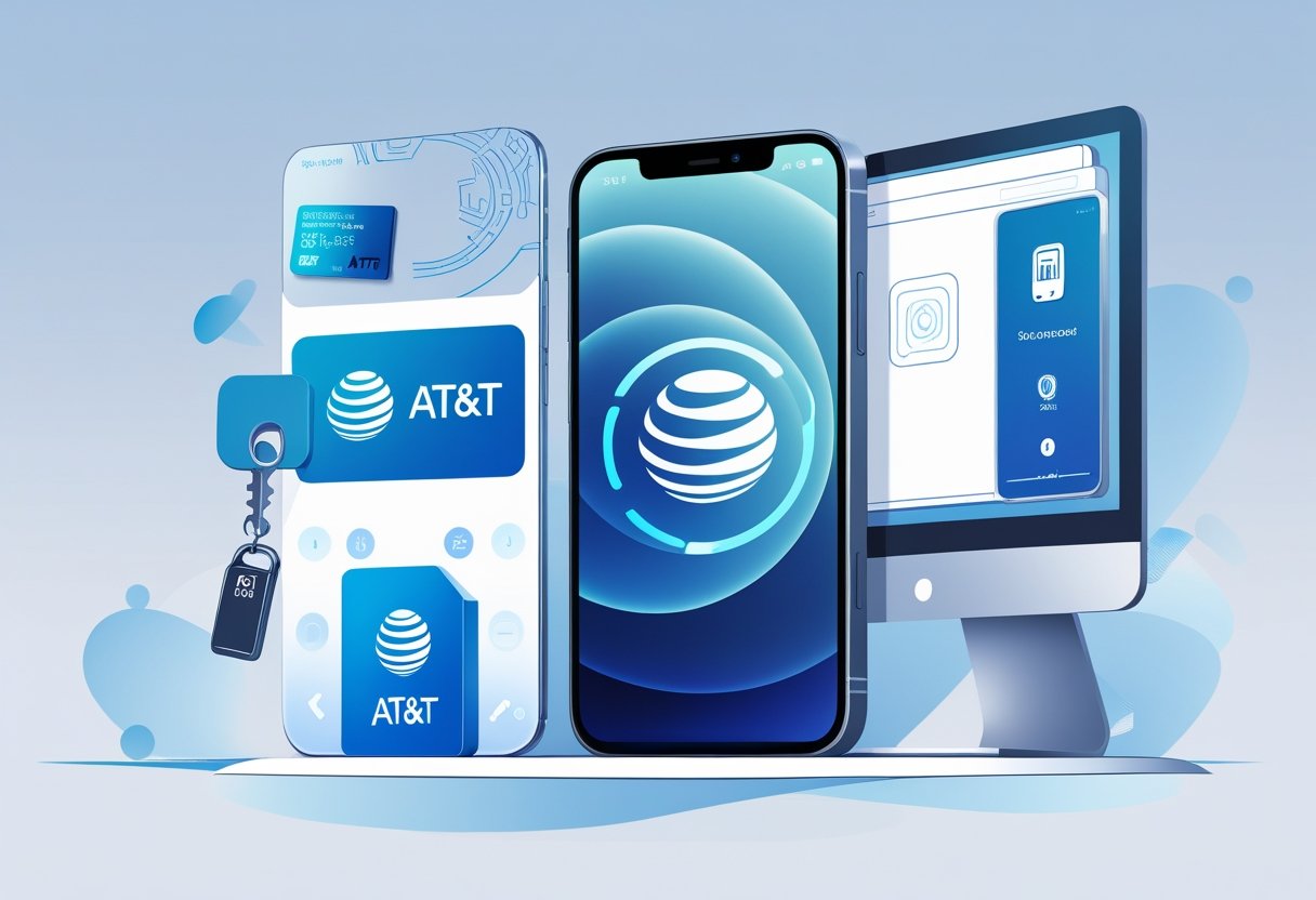 A smartphone with the AT&T logo surrounded by icons representing phone unlocking methods including a key, fingerprint scanner, SIM card, and a computer screen.