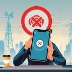 A person looking frustrated while holding an Android smartphone showing a no mobile data signal icon.