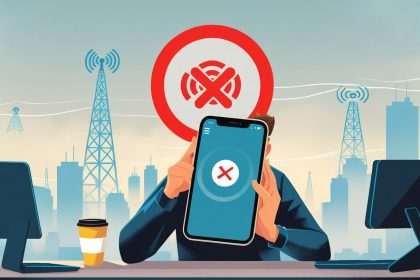 A person looking frustrated while holding an Android smartphone showing a no mobile data signal icon.