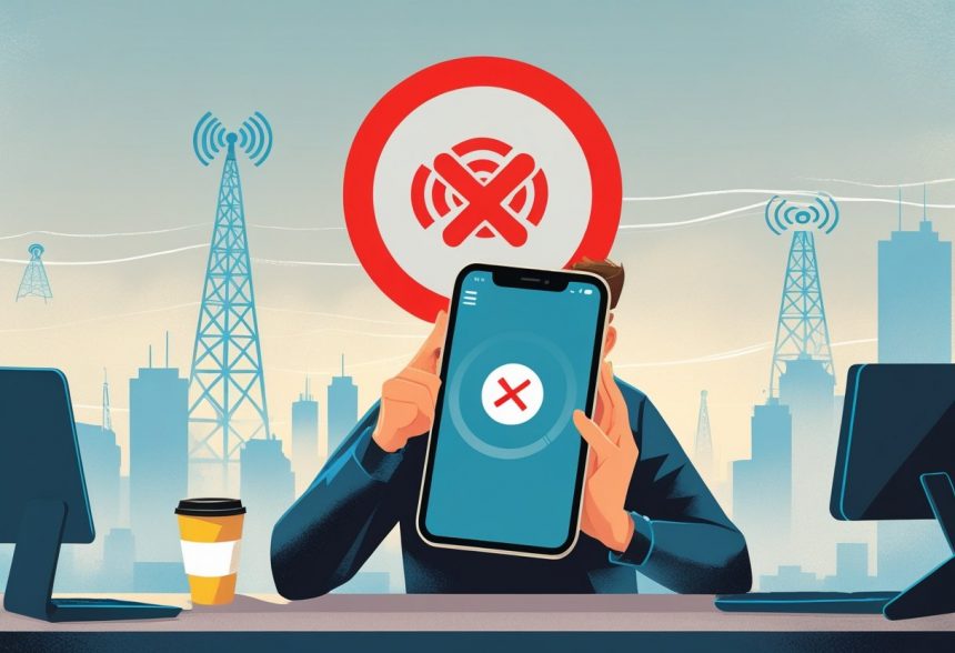 A person looking frustrated while holding an Android smartphone showing a no mobile data signal icon.