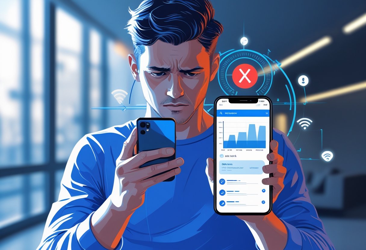 A person holding an Android phone showing a warning symbol about mobile data usage and connectivity issues.