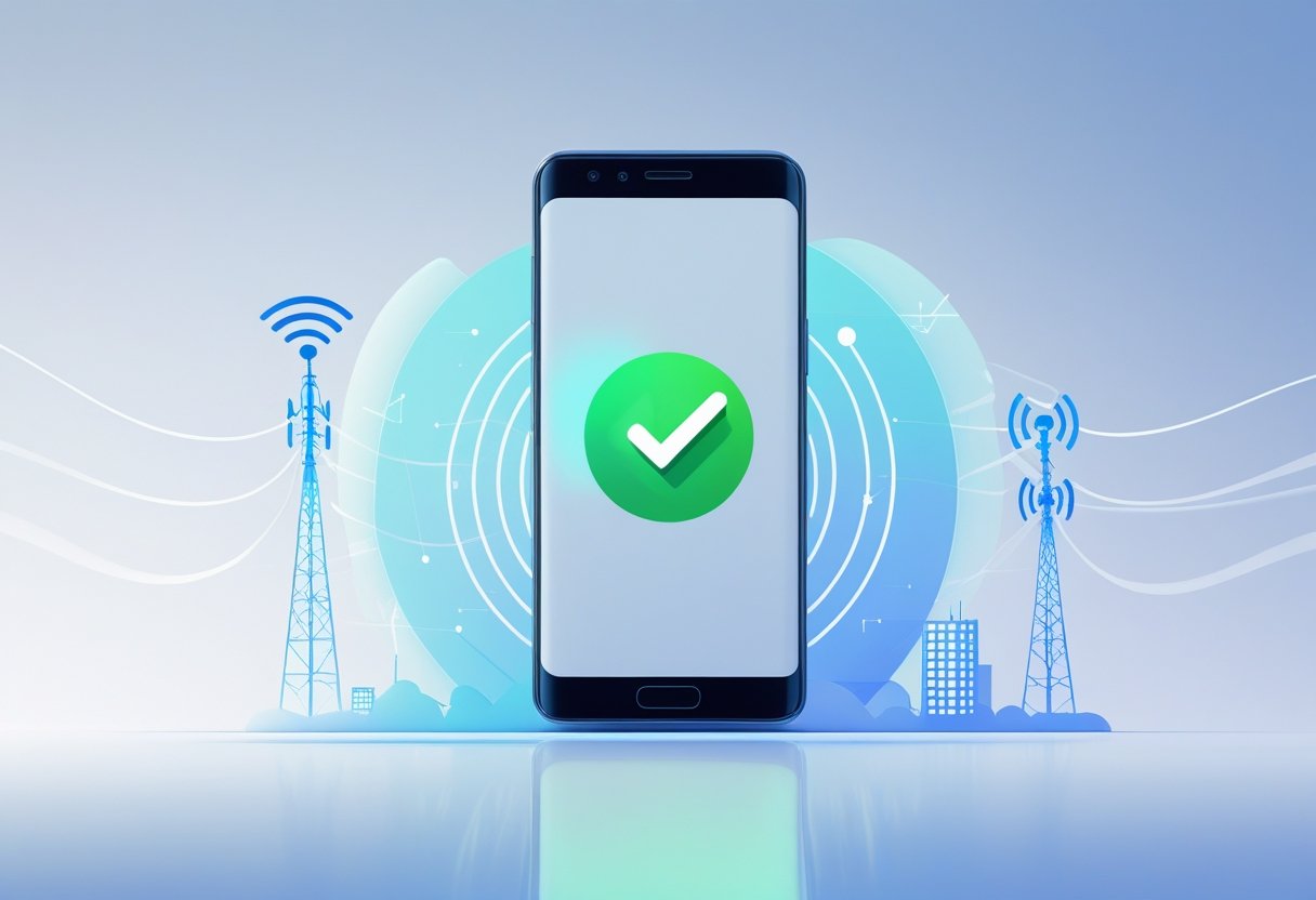 A smartphone showing a mobile data connection icon with a green checkmark, surrounded by glowing network signals and data streams.