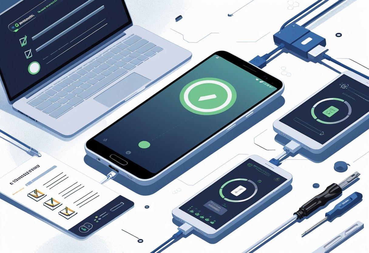 An Android phone showing a loading screen connected to a laptop with a checklist and toolkit nearby, illustrating troubleshooting steps for a boot loop problem.