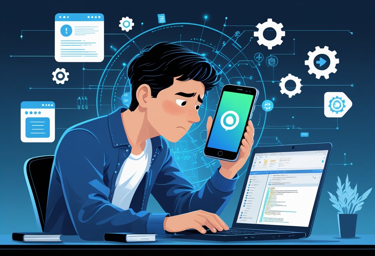 A person sitting at a desk looking at an Android phone stuck on a boot loop, surrounded by icons representing data files, warnings, and software, with a laptop open nearby.