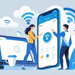 A person troubleshooting an iPhone hotspot issue, holding the phone with connectivity icons and a router in a clean workspace.