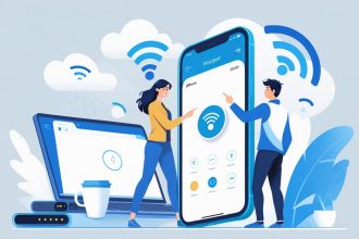 A person troubleshooting an iPhone hotspot issue, holding the phone with connectivity icons and a router in a clean workspace.