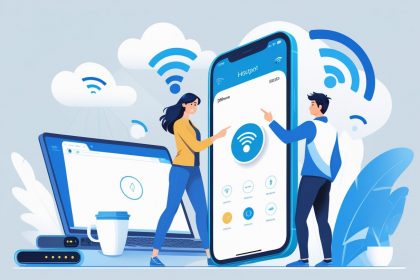 A person troubleshooting an iPhone hotspot issue, holding the phone with connectivity icons and a router in a clean workspace.