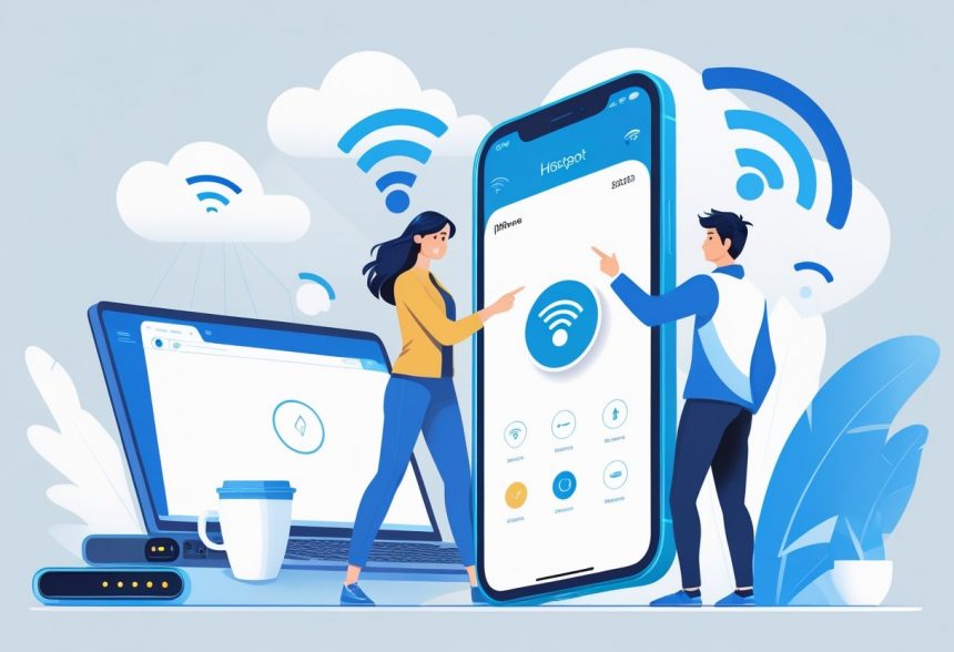 A person troubleshooting an iPhone hotspot issue, holding the phone with connectivity icons and a router in a clean workspace.