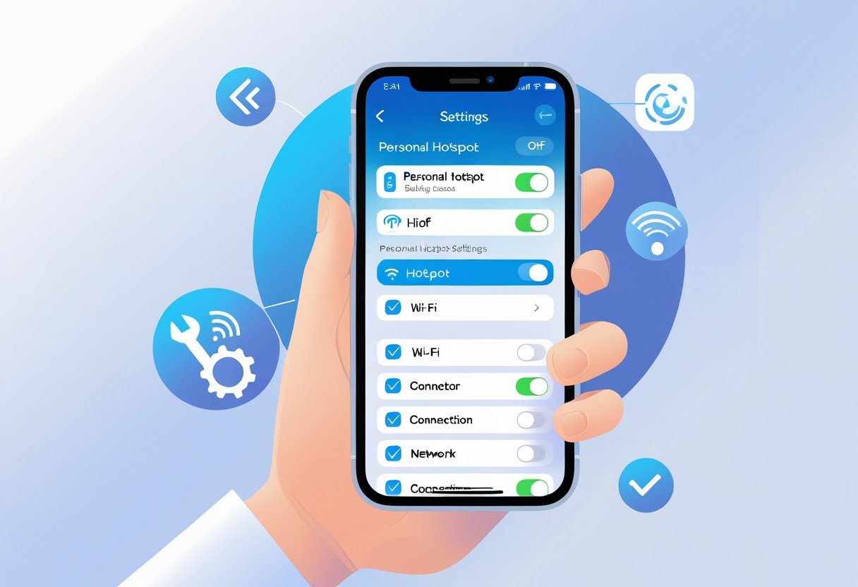 A hand holding a smartphone showing the iPhone Personal Hotspot settings screen with icons representing Wi-Fi, cellular signals, and troubleshooting tools.