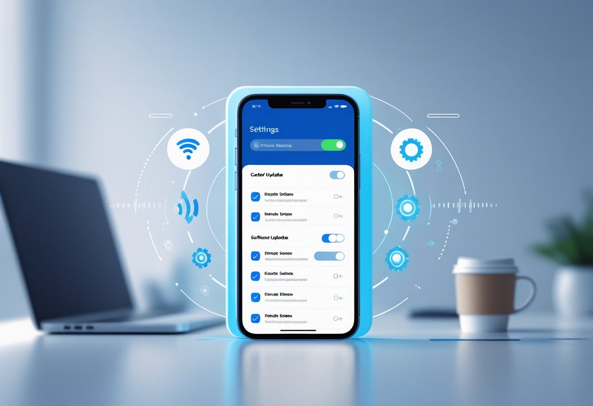 A smartphone on a desk showing a settings screen with icons representing wireless signals and software updates.