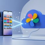 A smartphone showing photo thumbnails with an arrow pointing to a cloud icon representing photo backup.