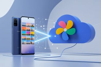 A smartphone showing photo thumbnails with an arrow pointing to a cloud icon representing photo backup.