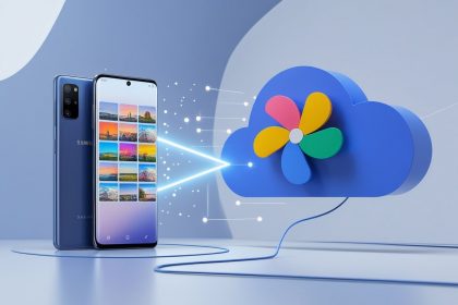 A smartphone showing photo thumbnails with an arrow pointing to a cloud icon representing photo backup.