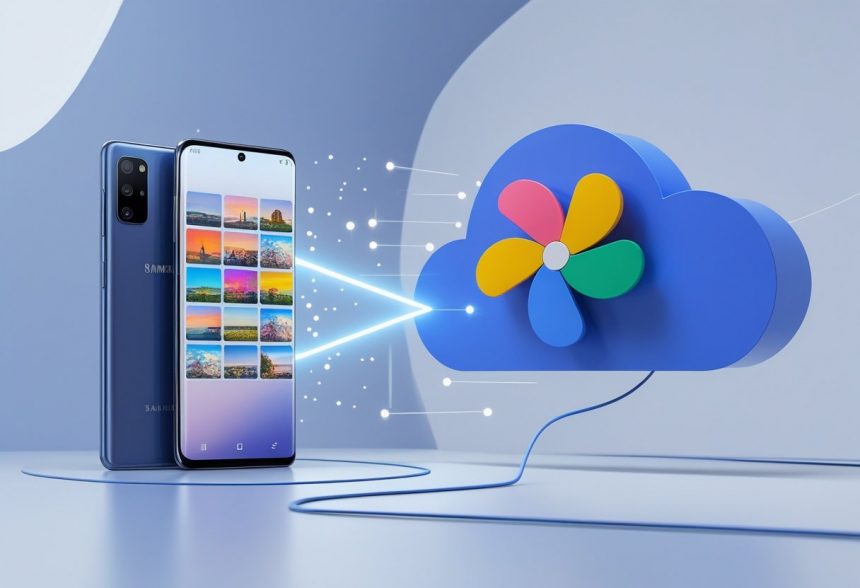 A smartphone showing photo thumbnails with an arrow pointing to a cloud icon representing photo backup.