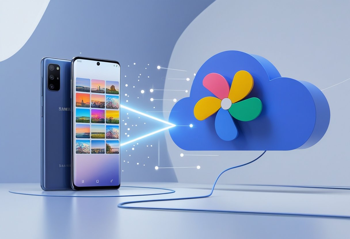 A smartphone showing photo thumbnails with an arrow pointing to a cloud icon representing photo backup.