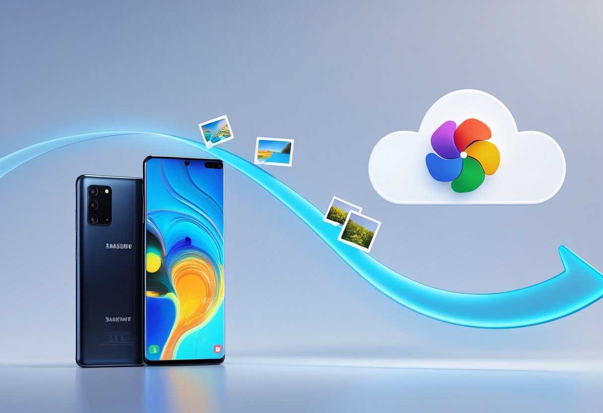 A Samsung smartphone with a photo gallery screen connected by a glowing arrow to a cloud icon representing Google Photos, symbolizing photo backup.
