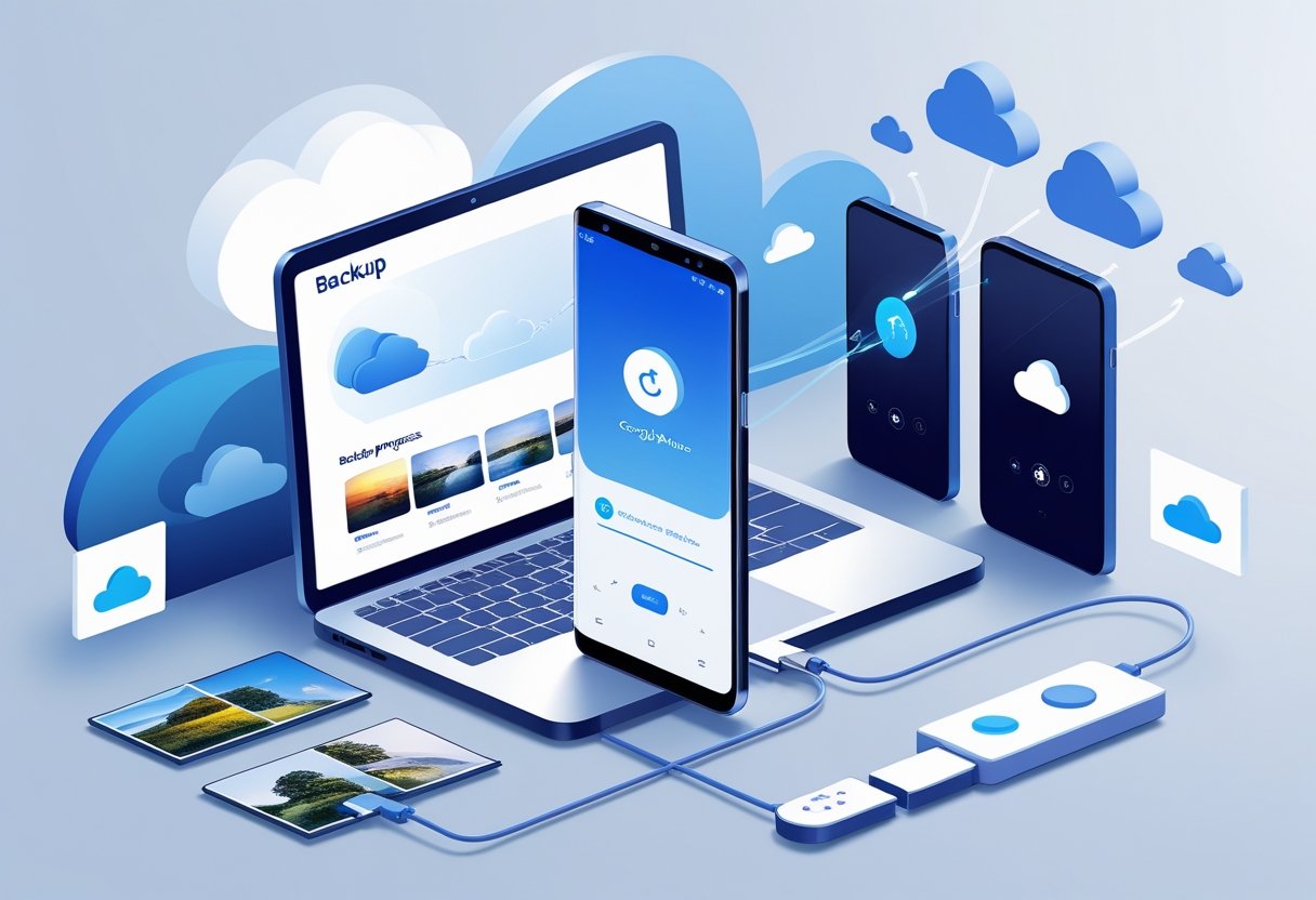 A Samsung smartphone connected to a laptop with icons representing photo backup to the cloud.