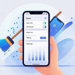 A hand holding an iPhone with a digital interface showing icons representing clearing cache and a progress bar on the screen.