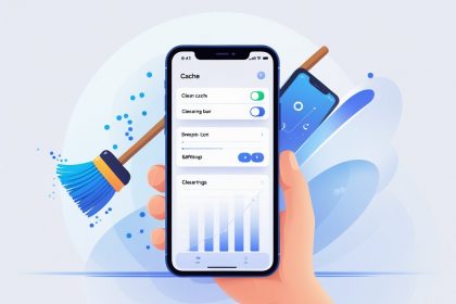 A hand holding an iPhone with a digital interface showing icons representing clearing cache and a progress bar on the screen.