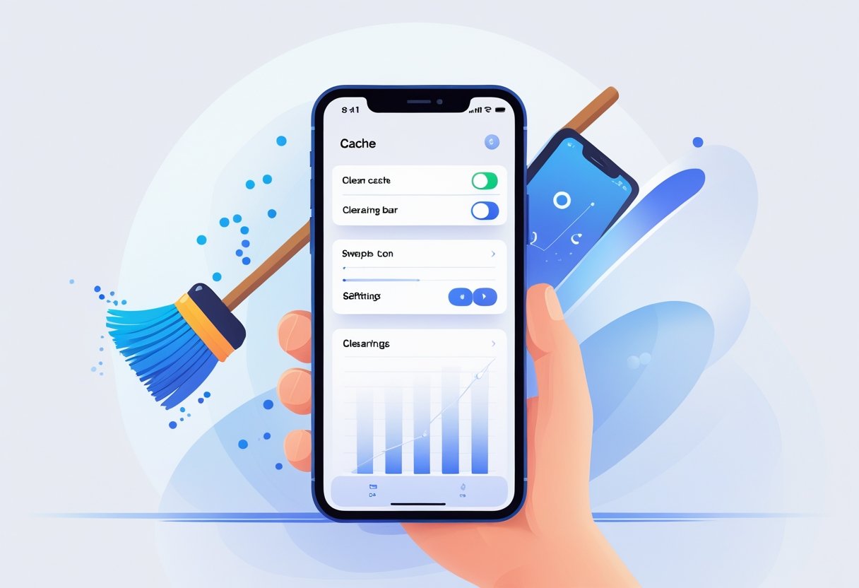 A hand holding an iPhone with a digital interface showing icons representing clearing cache and a progress bar on the screen.