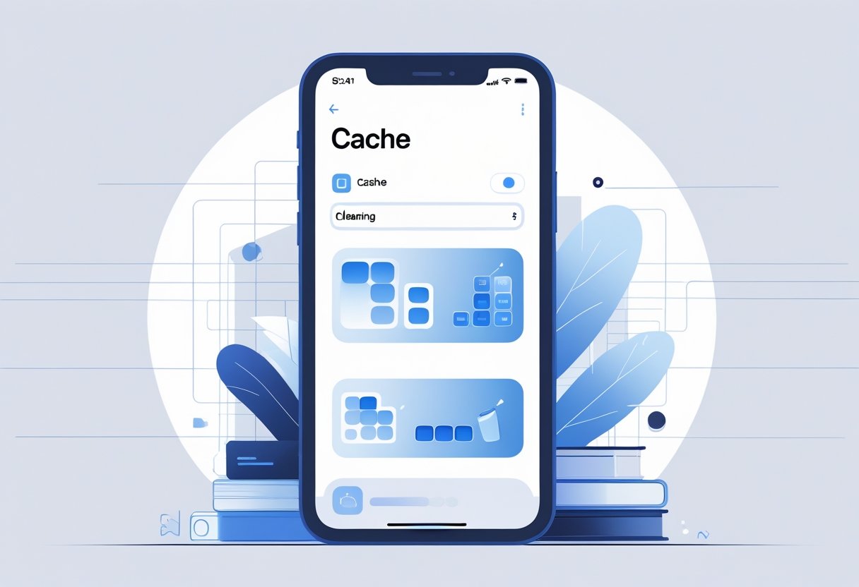 An iPhone displaying a settings screen with icons representing clearing cache, surrounded by subtle tech graphics on a light background.