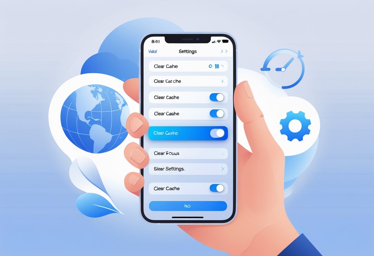 An iPhone held in a hand showing a browser settings screen with the clear cache option highlighted.