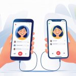 Two hands holding an Android phone and an iPhone, showing a video call with smiling people on each screen.