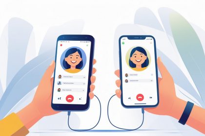 Two hands holding an Android phone and an iPhone, showing a video call with smiling people on each screen.