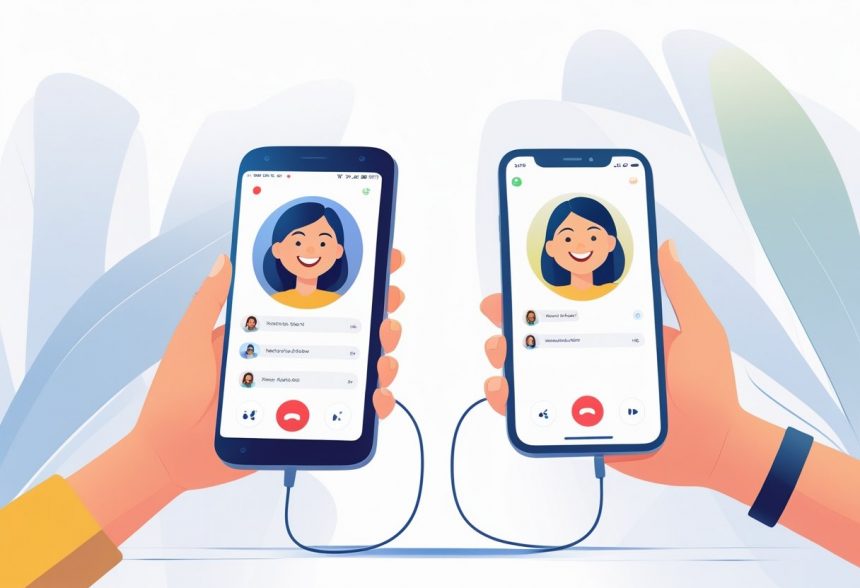 Two hands holding an Android phone and an iPhone, showing a video call with smiling people on each screen.