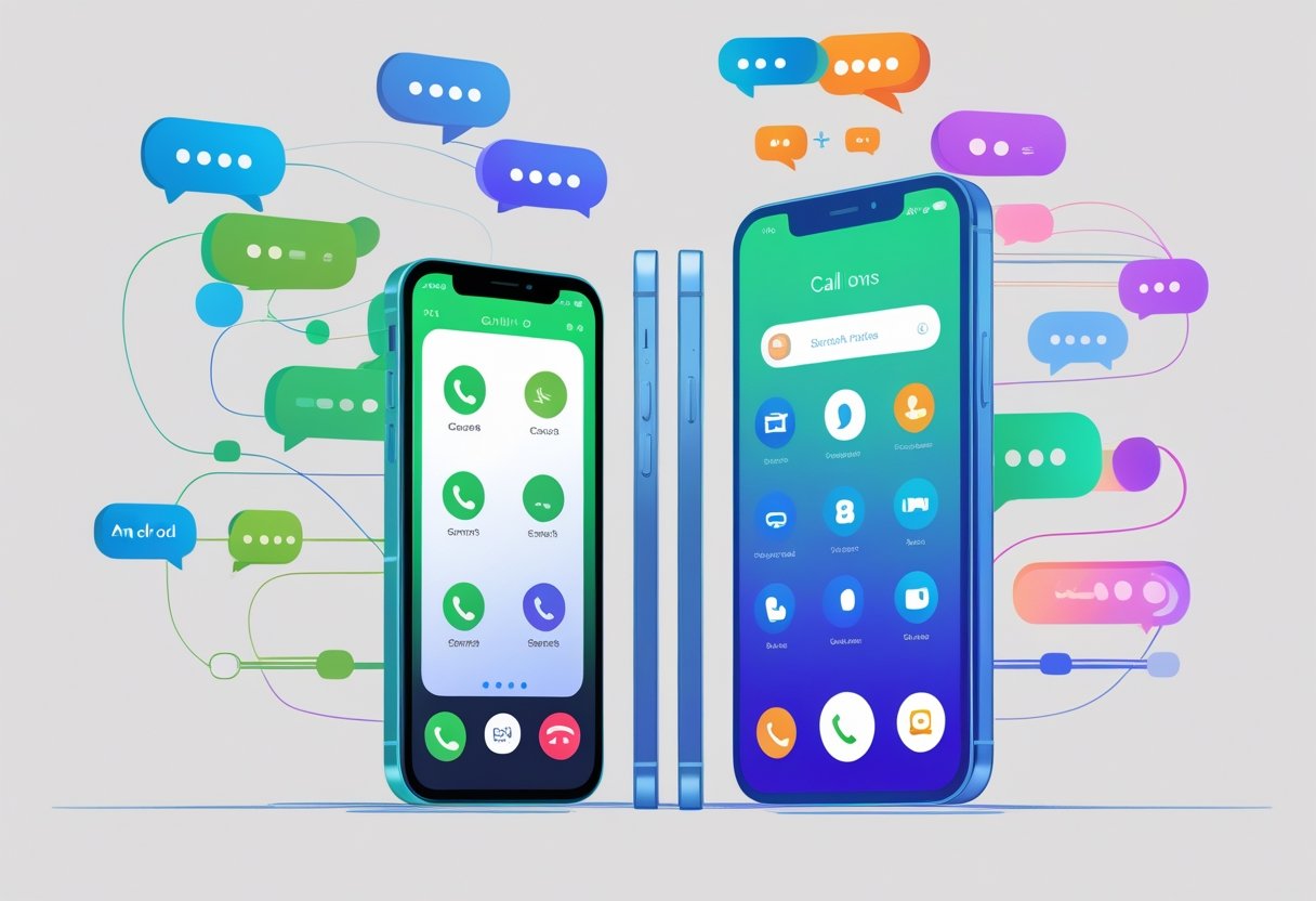 Two smartphones, an Android and an iPhone, facing each other with colorful speech bubbles and connection lines representing alternative calling options.