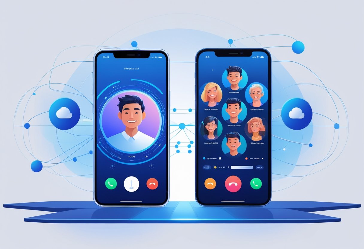 Two smartphones, one Android and one iPhone, connected by a video call with diverse users smiling on both screens, set against a digital network background.