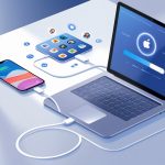 An iPhone connected to a laptop with a progress bar on the laptop screen, showing data being backed up.