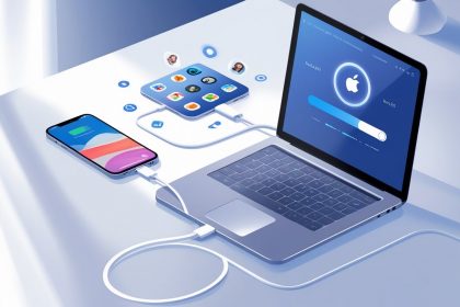 An iPhone connected to a laptop with a progress bar on the laptop screen, showing data being backed up.