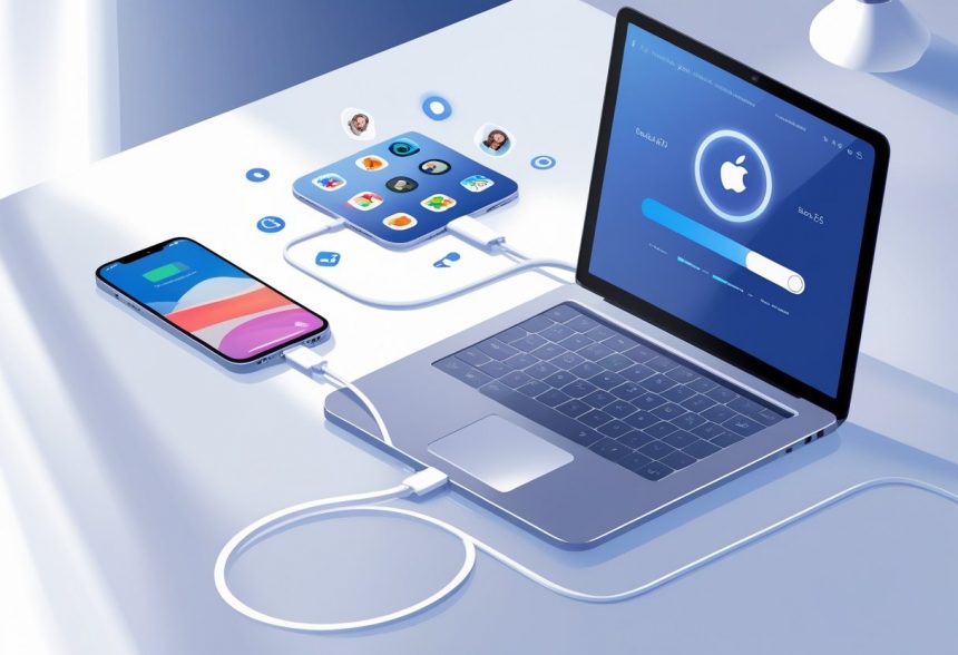 An iPhone connected to a laptop with a progress bar on the laptop screen, showing data being backed up.