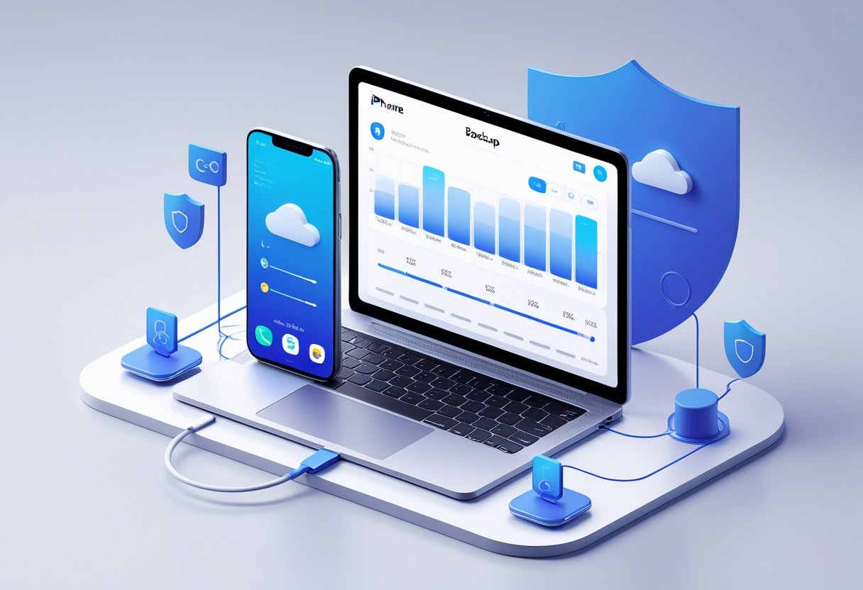 A workspace with an iPhone connected to a laptop showing a backup process with icons representing data being securely saved.